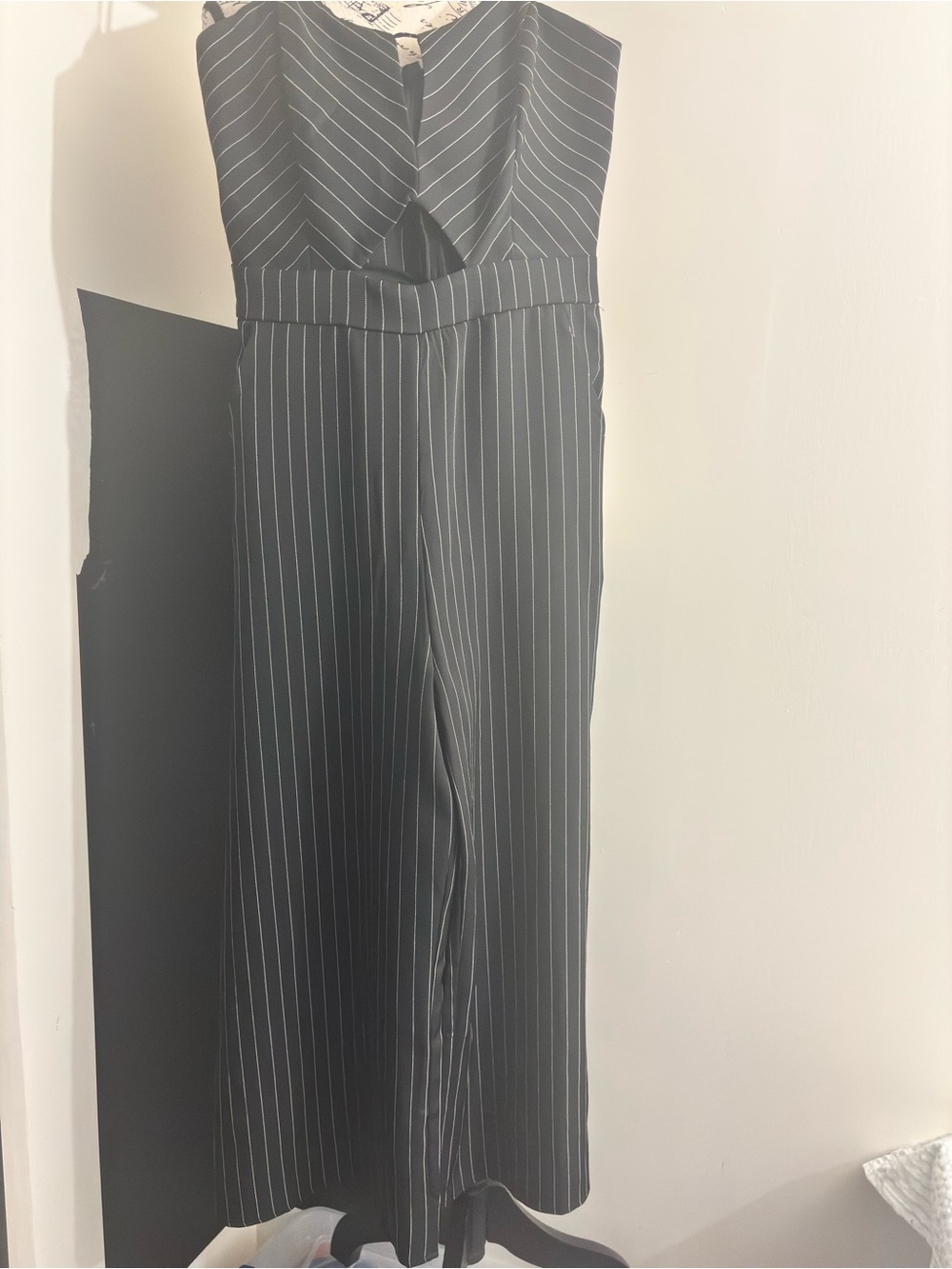 Main Strip Black Pinstripe Strapless Cutout Jumpsuit
